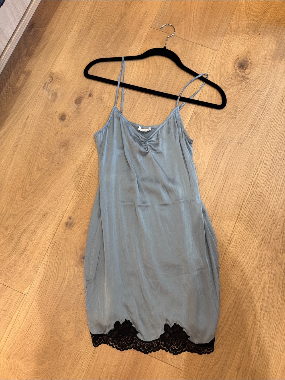 Fleur du Mal Dusty Blue Silk Slip Dress with Black Lace Trim